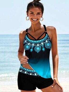 NEW Womens Size Medium Blousen Strappy Tankini Boy Shorts Swimsuit Teal/Black